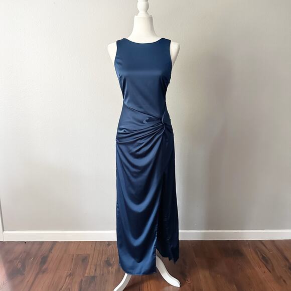 Abercrombie & Fitch Navy Satin Sleeveless Ruched Formal Dress Women's Size Small - Picture 2 of 14